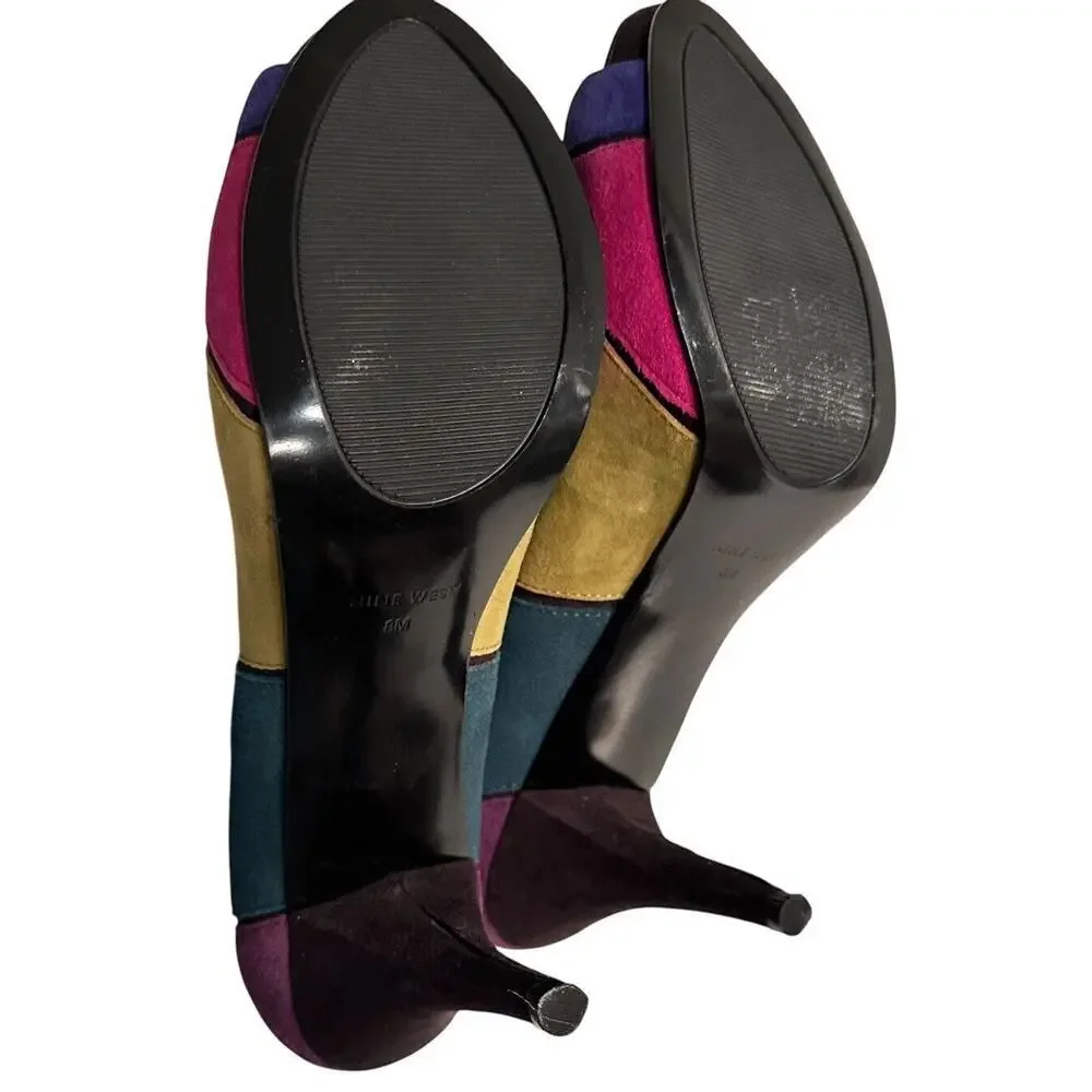 Nine West Kaspiao‎ Open Toe Suede High Heel Dopamine Patchwork Size 8M Y2K - Picture 7 of 16